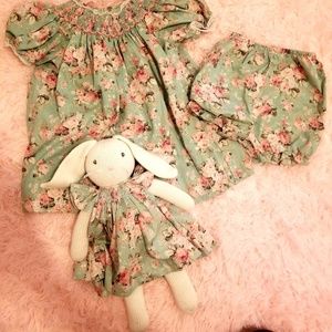 12 month Dress with matching bloomers and bunny